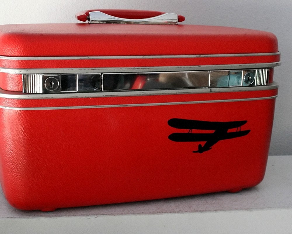 UPCYCLED Red VINTAGE Train Case with a BIPLANE ready for a quote and college
