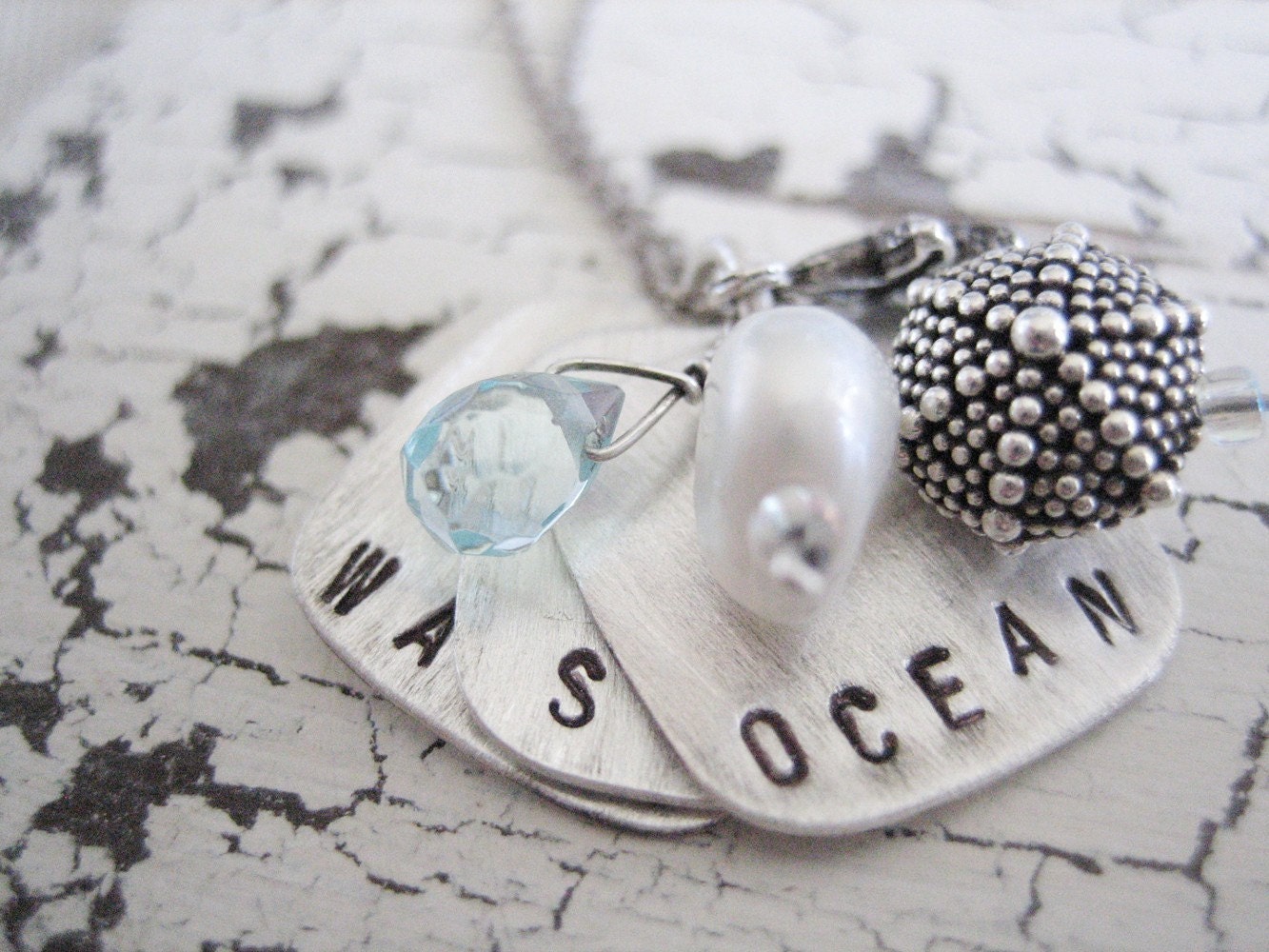 Waves, Surf, Ocean Necklace, Handstamped Oxidized Sterling Silver