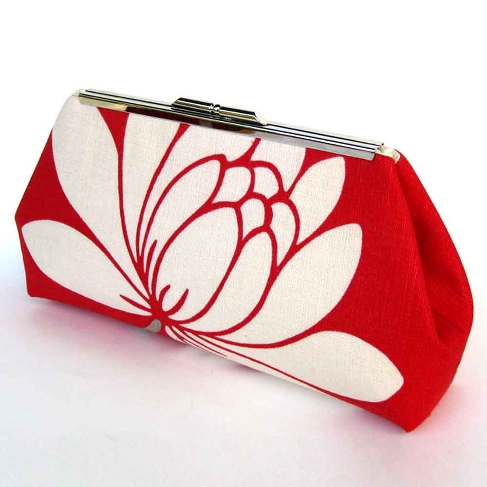 LOTUS FLOWER MODERN CLUTCH - Red Glazed Linen - PURE SILK LINING