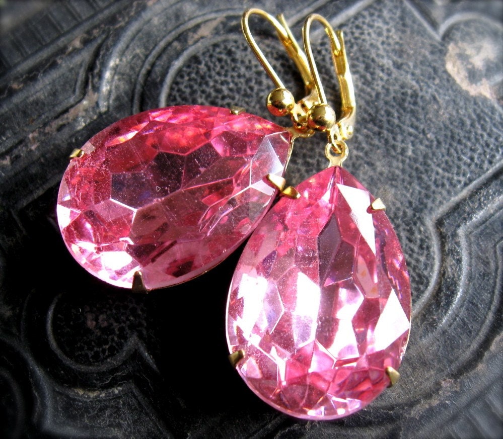 Vintage Pink Rhinestone Earrings, LARGE Pear Shaped (Estate Style Glass Jewels)