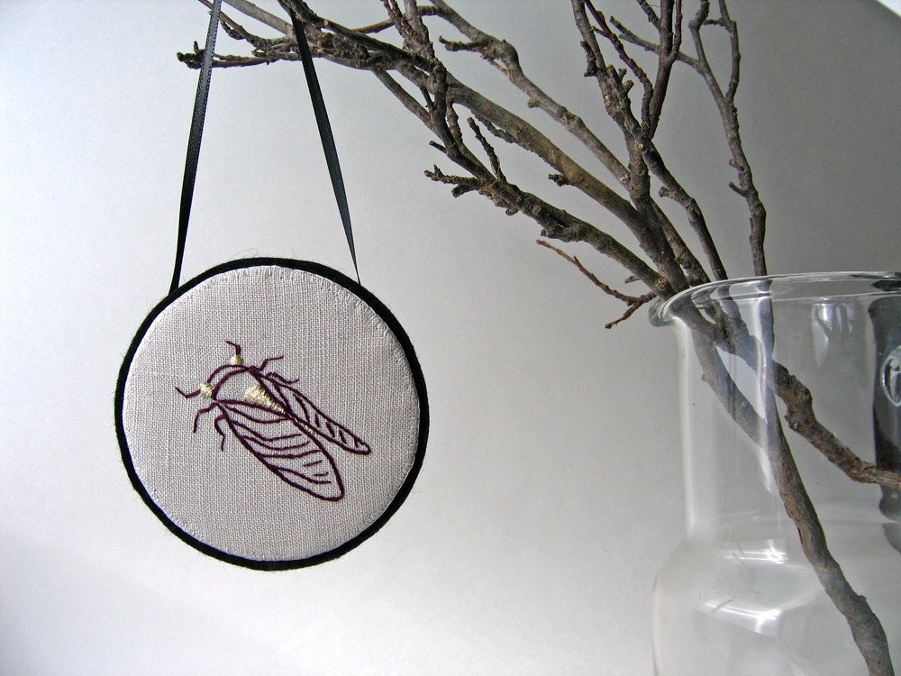 SALE Cicada wall hanging or pin, hand embroidered