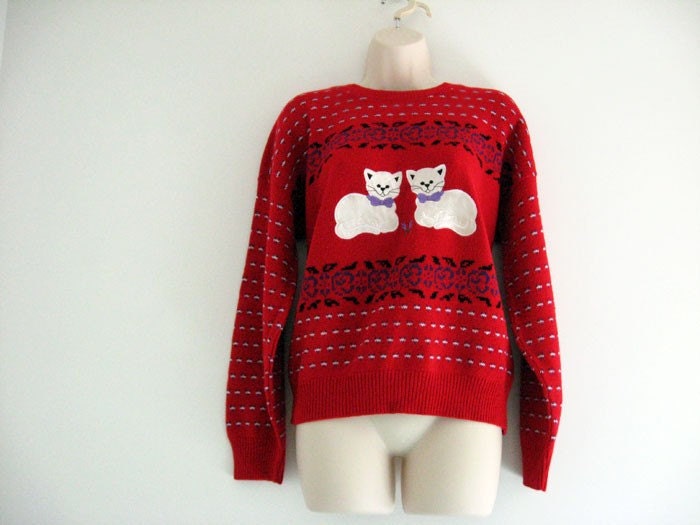 Vintage 1980s Red Slouchy Fit Sweater with Kitten Appliques size S/M