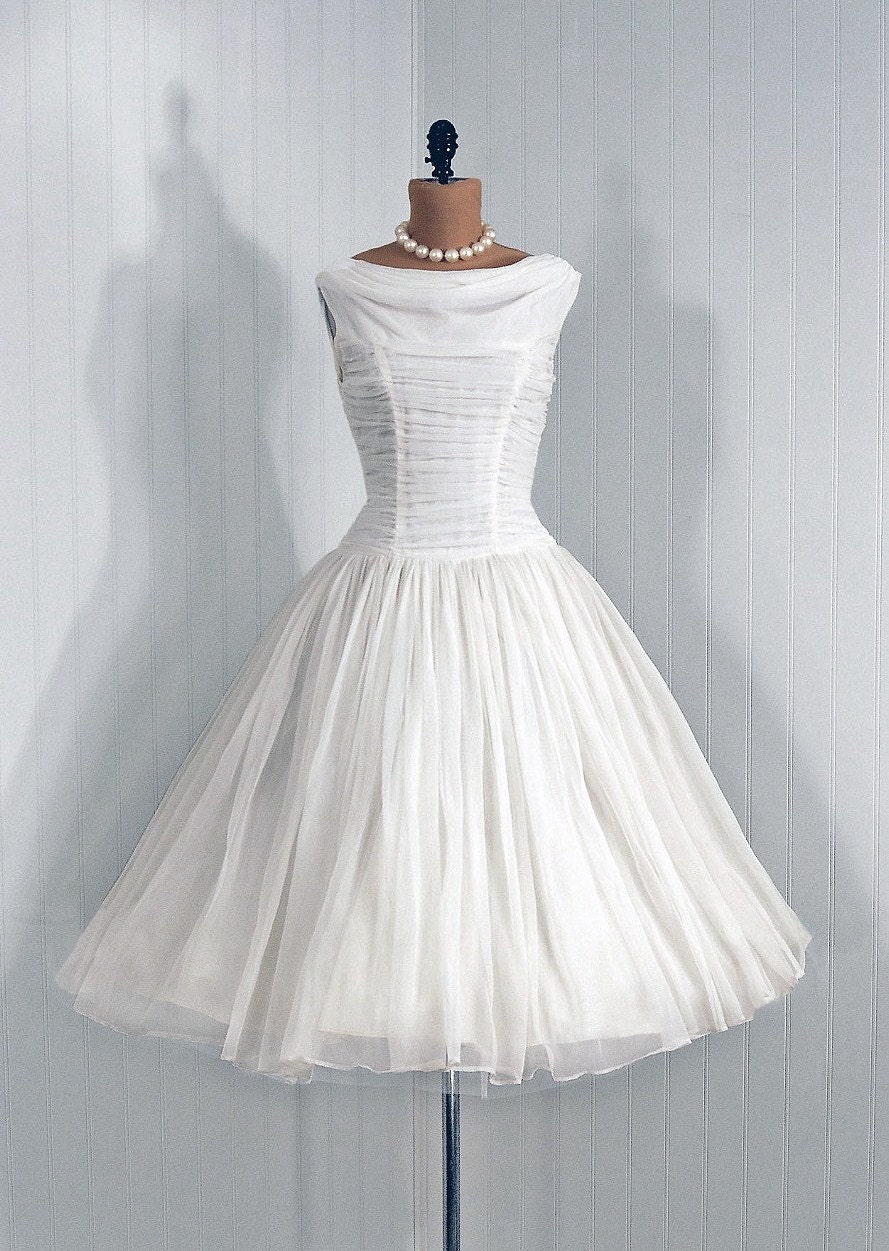 1950's Vintage Angelic-White Elegant Heavily-Ruched Flowing Chiffon-Couture Rockabilly Princess Backside Sash-Train Bombshell Circle-Skirt Wedding Party Cocktail Dress
