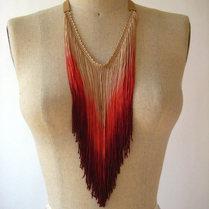 Hand Dip Dyed Tan Red Fringe and Leather Chain Necklace