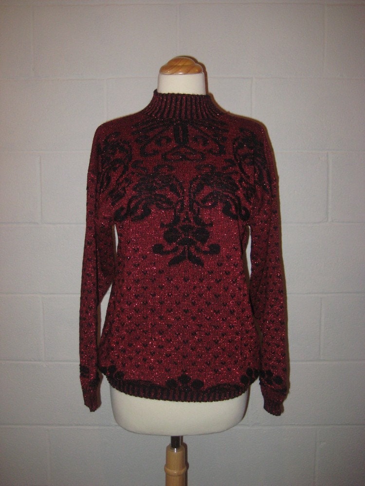 1980s Metallic Sparkle Slouchy Black and Red Sweater