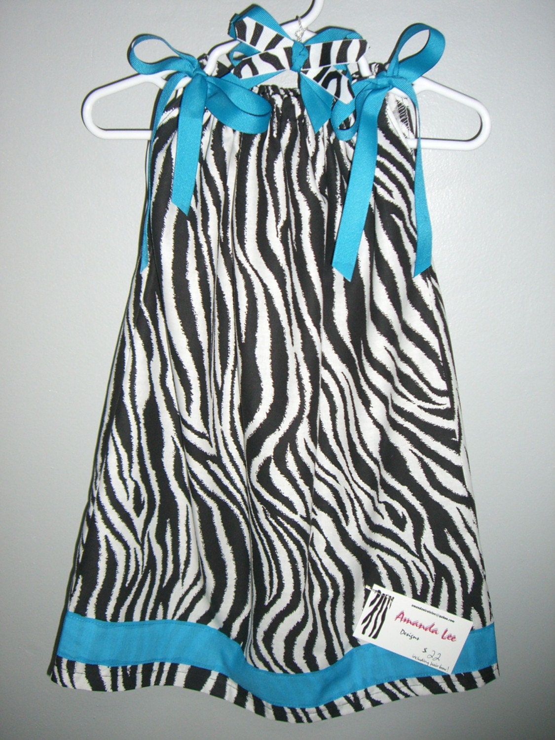 Turquoise Blue and Zebra Pillowcase dress - with matching Hair Bow