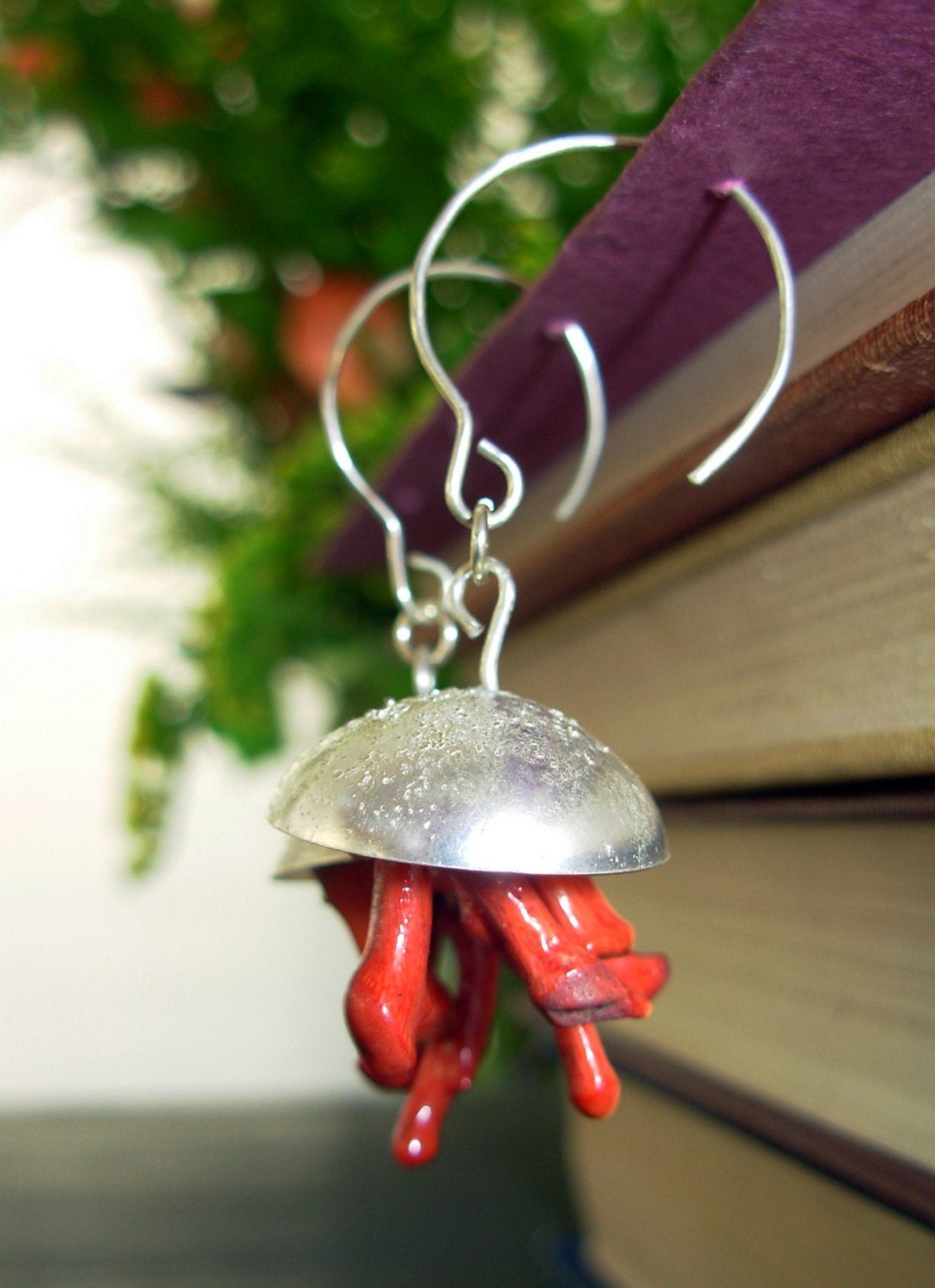 Shiny Dangle Sterling Silver Coral Earrings - OOAK - for Valentines Day