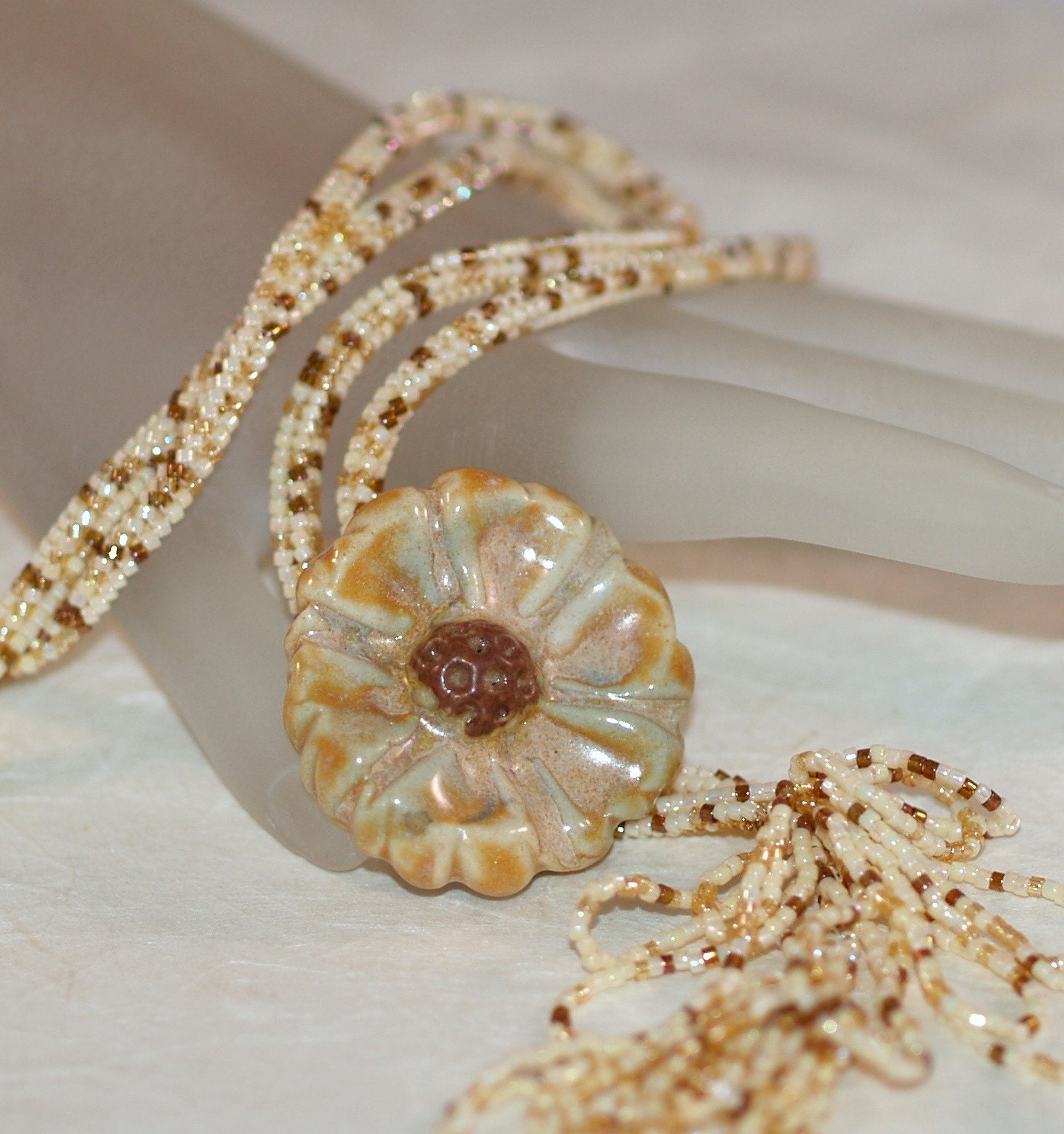 Autumn Bloom - Beadwoven Necklace with Stoneware Pendant (3120) -- EtsyFreeShipping