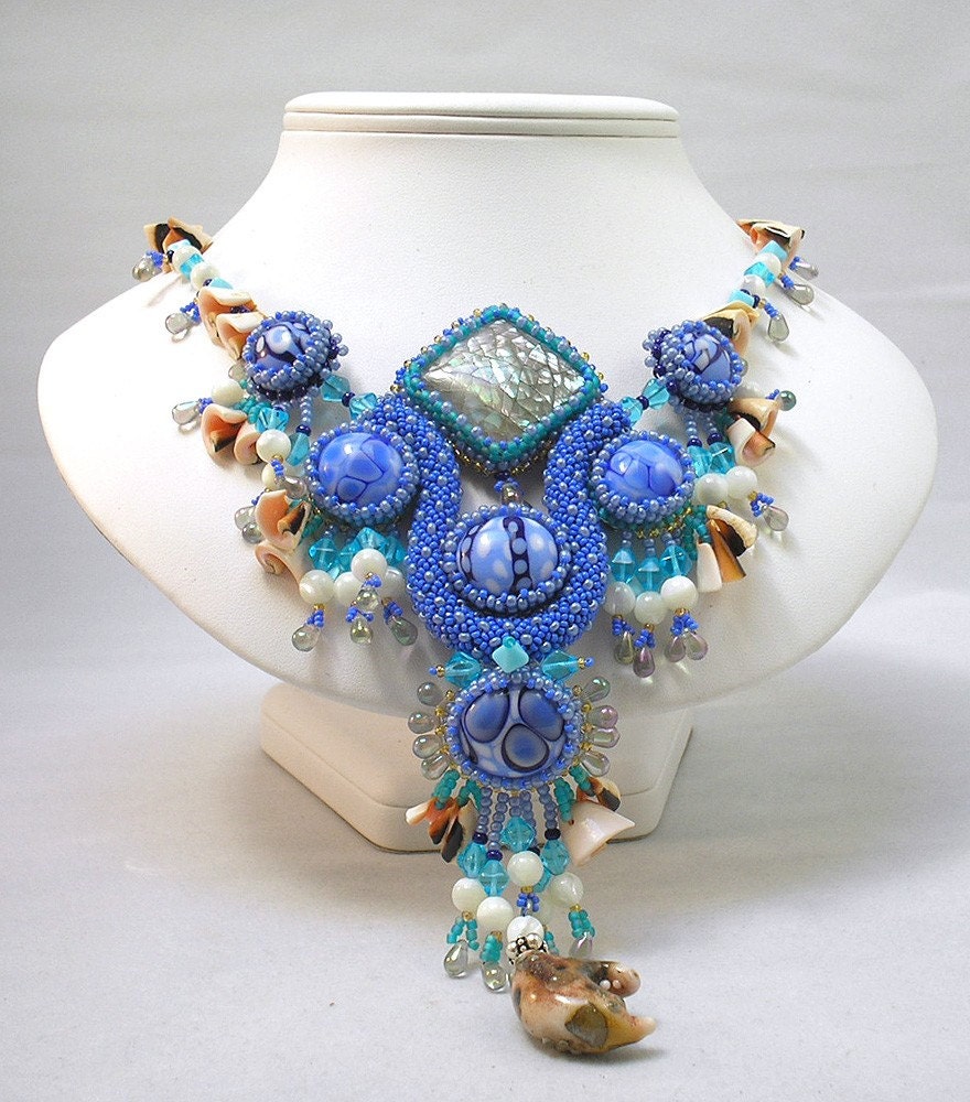 Beaded Beadwoven Pearl Silk Green Purple Crochet Lampwork Glass Bead Lariet Necklace