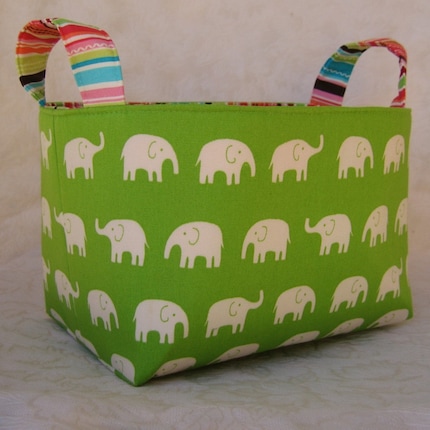 Reversible Organizer Fabric Bin...........Lime Green - Cream Elephants
