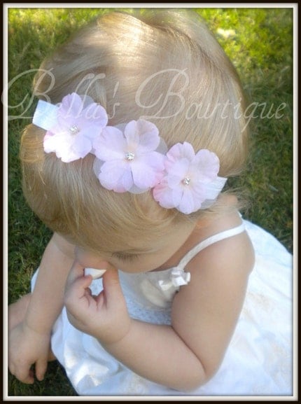 Exquisite TRIPLE Blossom DAINTY PETITE Classy Elegance FLORAL Flower Boutique HEADBAND on A Soft and STRETCHY Band - Fits BABYS and TODDLERS - Spring Easter Valentines Day