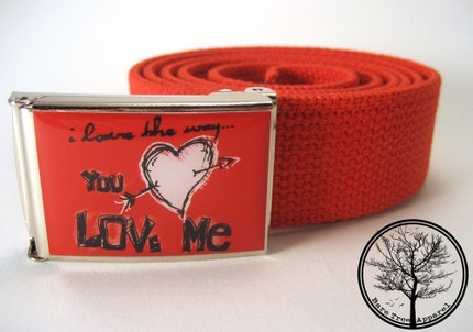 Red I Love The Way You Love Me on Chrome Nickel Buckle with Red web Belt, $15 @etsy.com