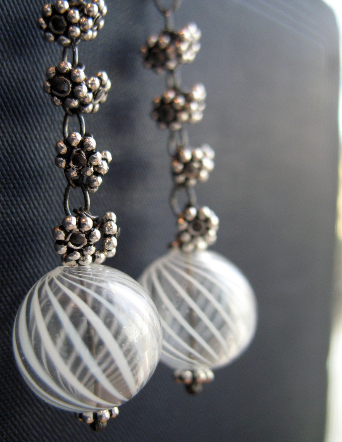 Swirl  -- long sterling glass earrings