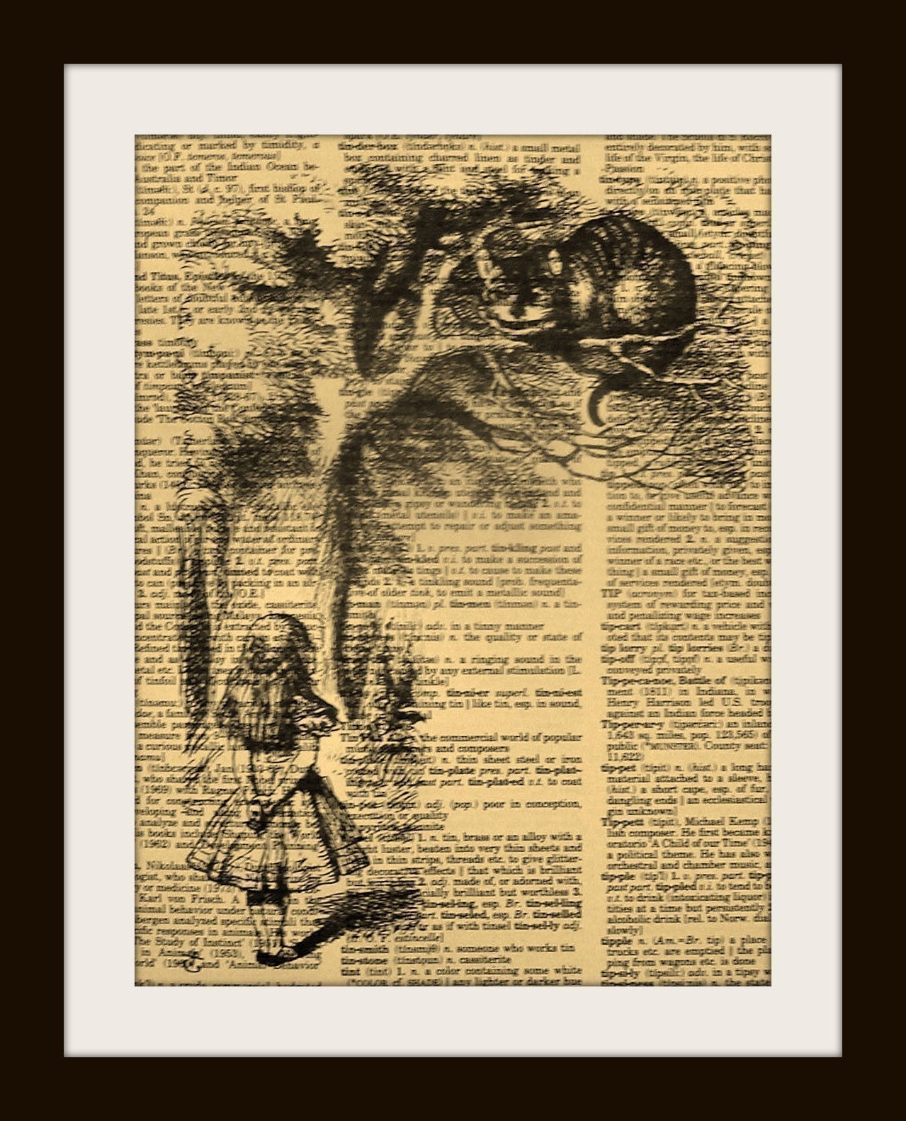 ALICE IN WONDERLAND CHESHIRE CAT IN TREE Print on Vintage Dictionary Page FREE SHIPPING WORLDWIDE