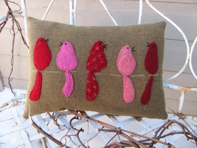 Birds on a Wire Pillow 1 - Felted Wool Recycled Sweater Pillow