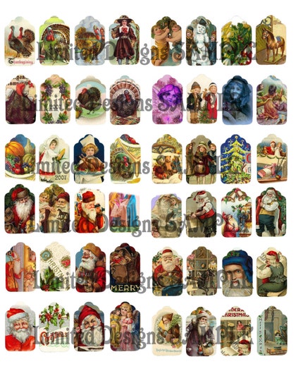 INSTANT ACCESS to my VINTAGE HOLIDAY IMAGE SHEETS -- 284 GIFT TAGS, GLOBES, BUTTONS, MORE...PAY NO SHIPPING
