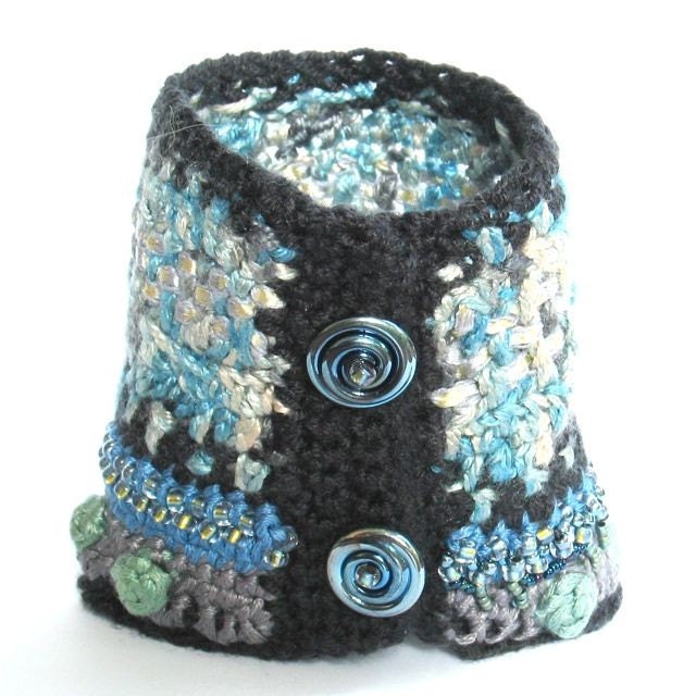 Crochet Textile Cuff Bracelet III -- Blue Warm Fuzzies