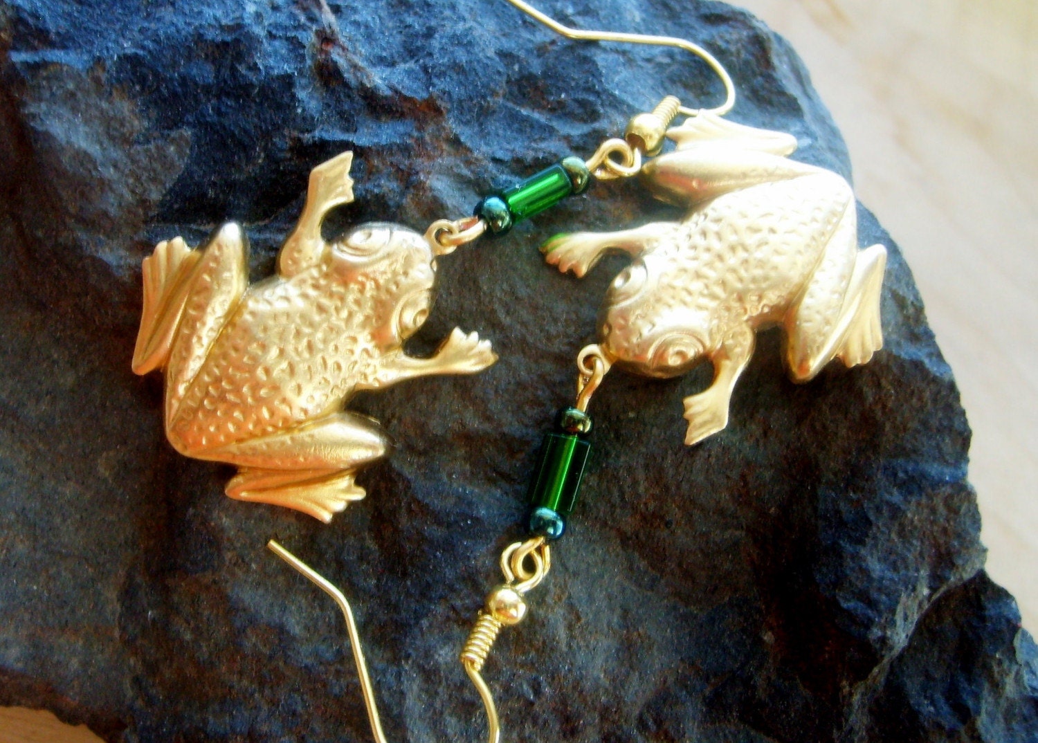 The Frog Prince .....Brass Frog and Green Glass Earrings