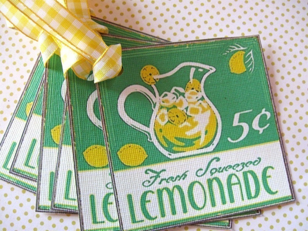 Set of 6...LEMONADE..Vintage Style...Hang Tags..Cards...Journal...Note.Spring..Summer..Birthday