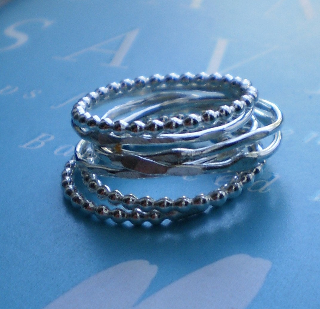 Simply Skinny and Beaded Sterling Silver Stacking Rings - Lucky Set of 7