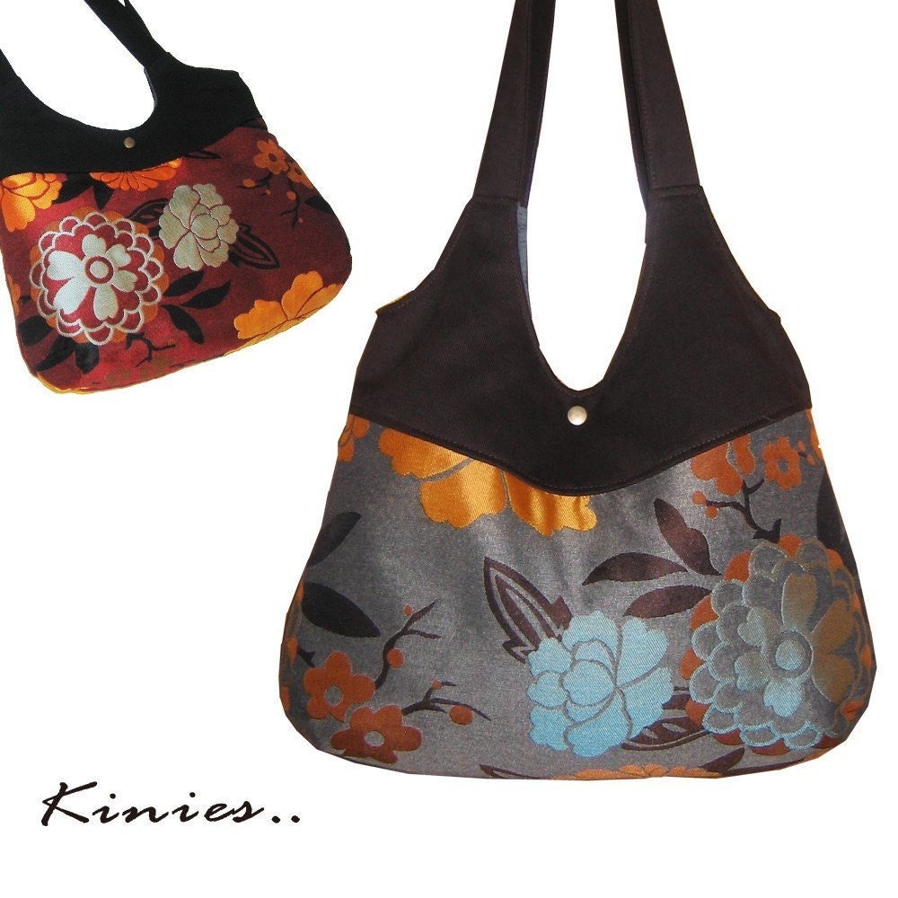 Round Double Strap Shoulder Bag  Brown Floral by Kinies on Etsy
