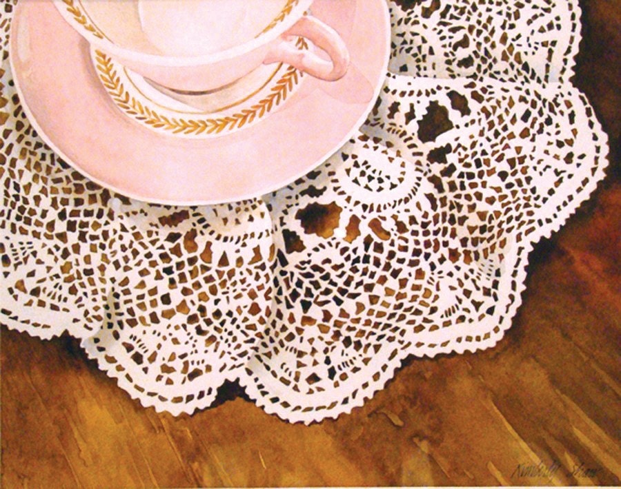 Pink Teacup on Lace Doily