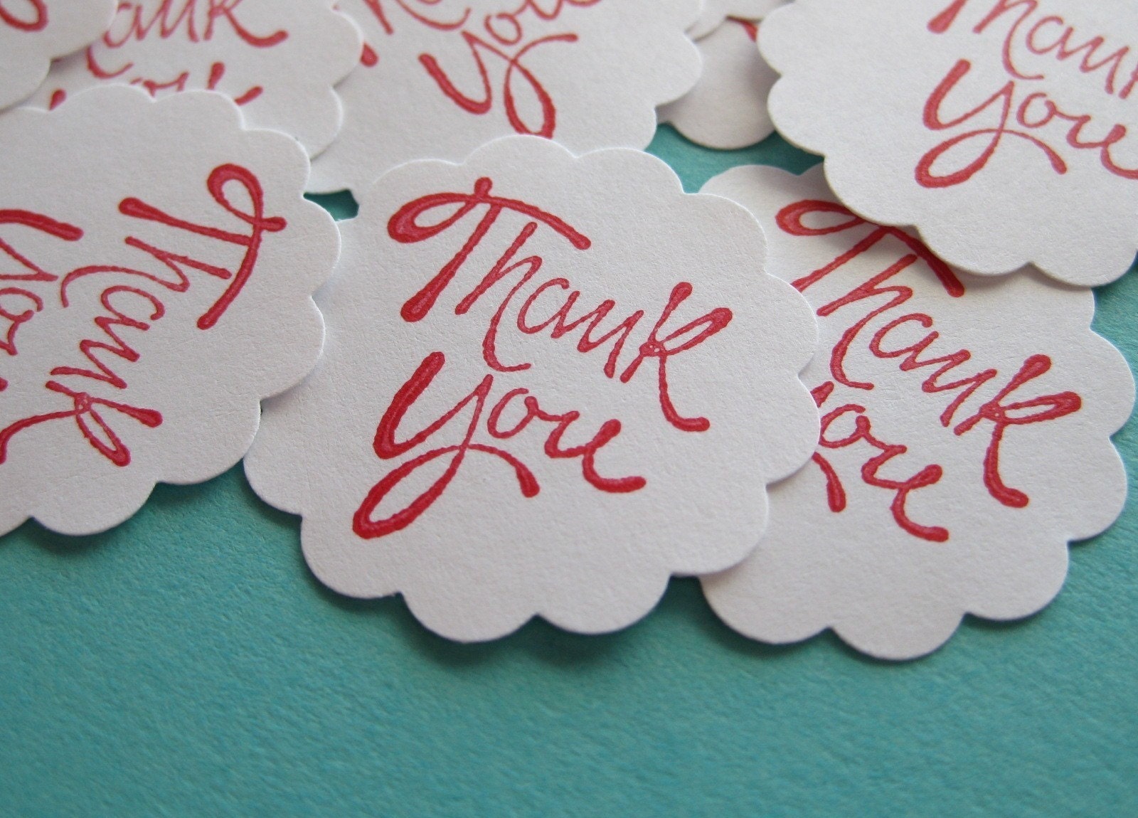 12 Round Scallop Edge Red THANK YOU Stickers