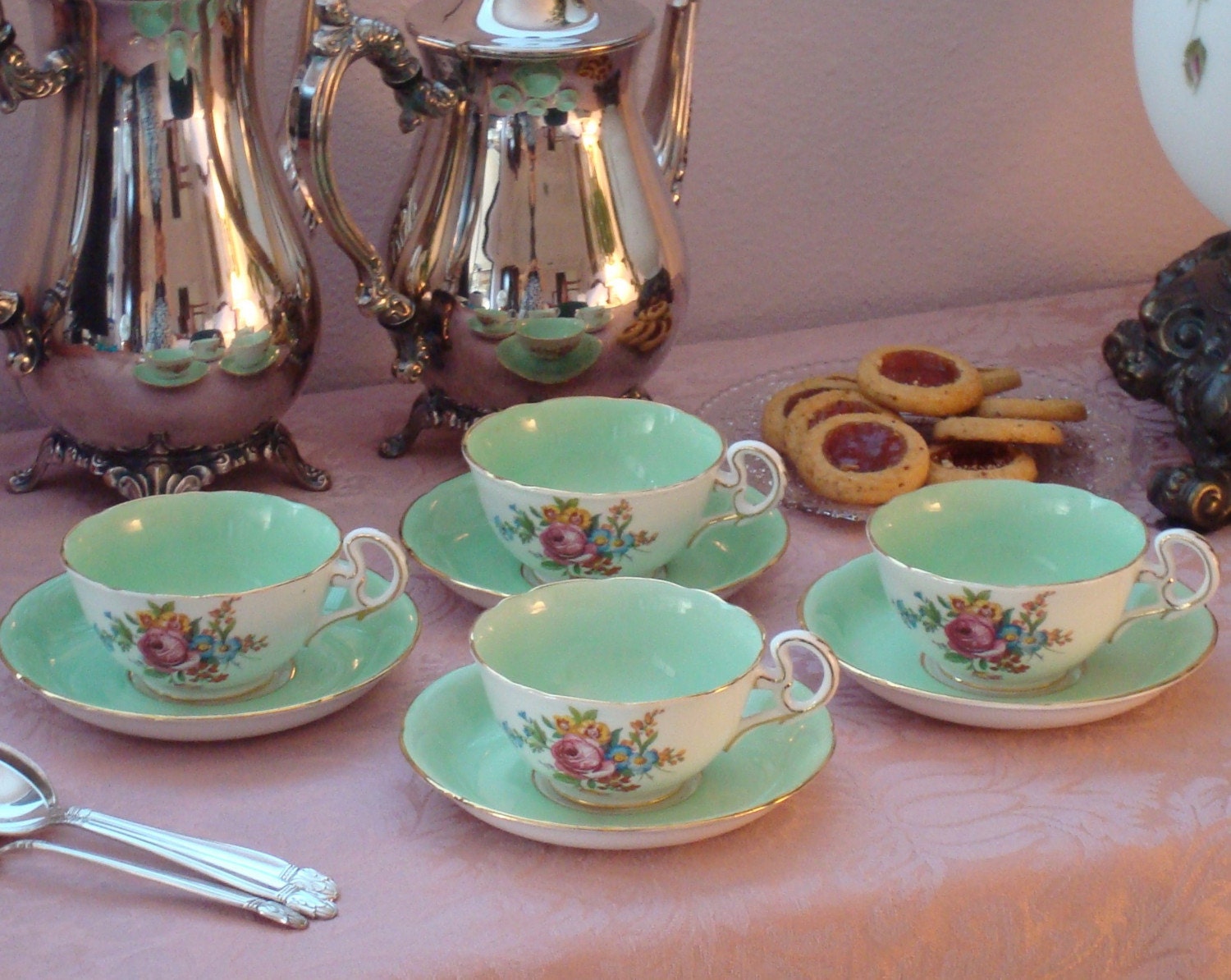Tea Time Necessity....Set of Four Vintage Royal Grafton Tea Cups and Saucers Footed