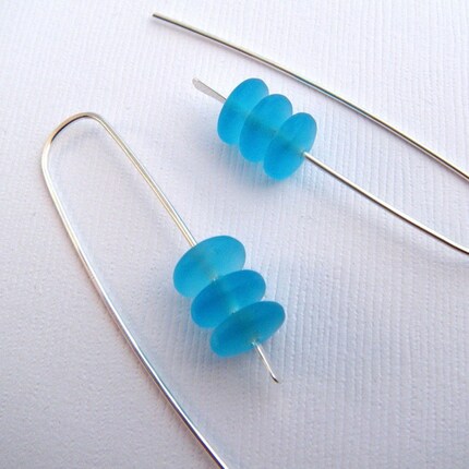 modern silver earrings- aqua-blue glass trio