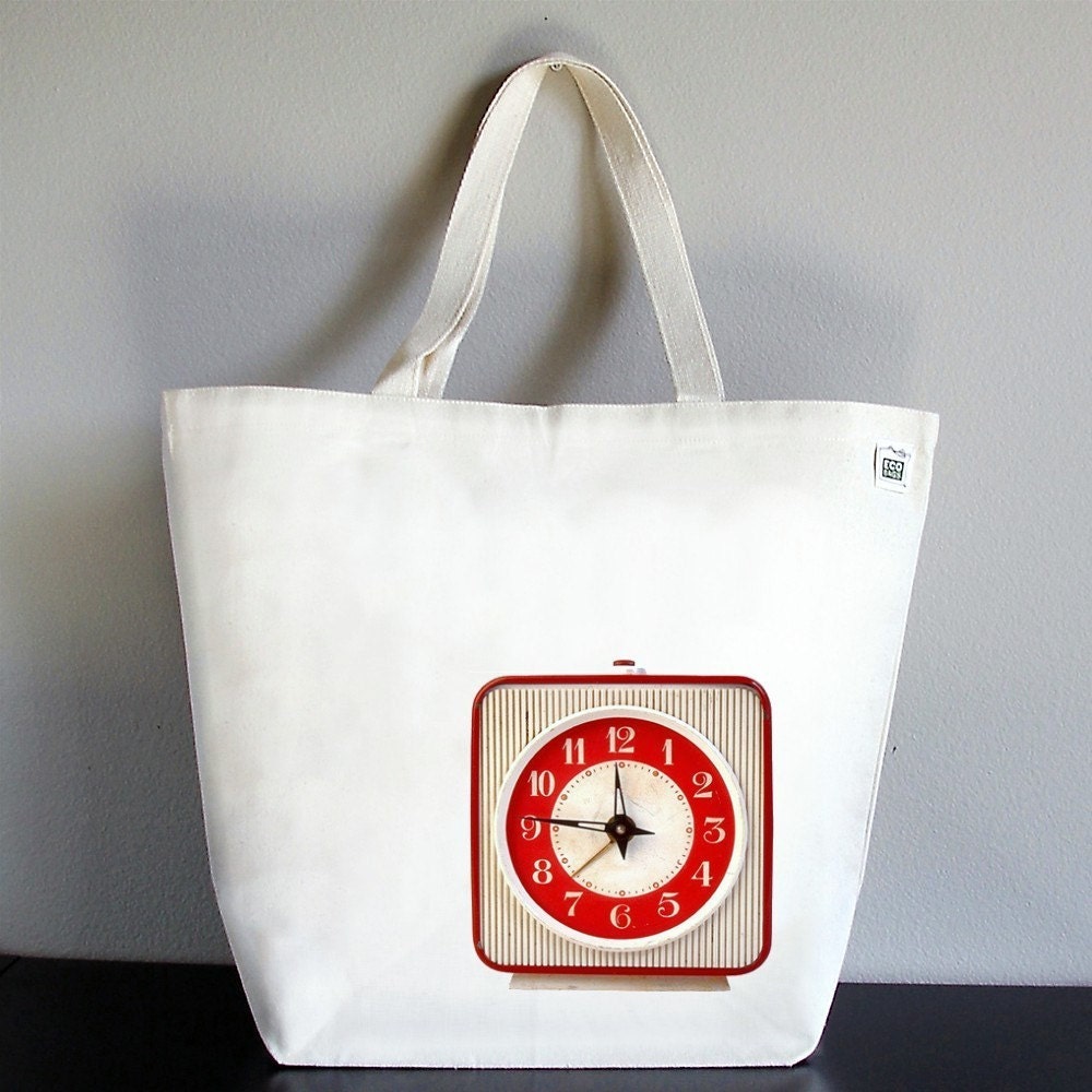 Recycled Cotton Canvas Market Tote Bag - Red Vintage Clock