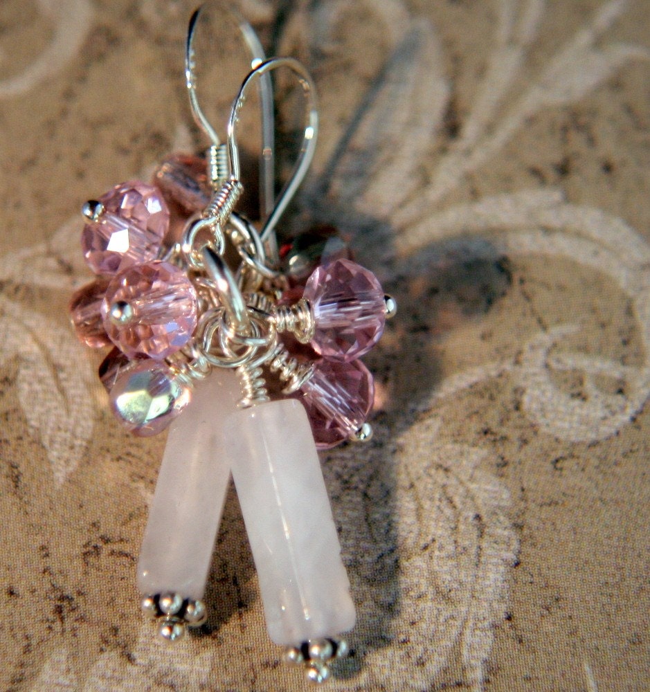 Pink quartz and crystal dangle earrings