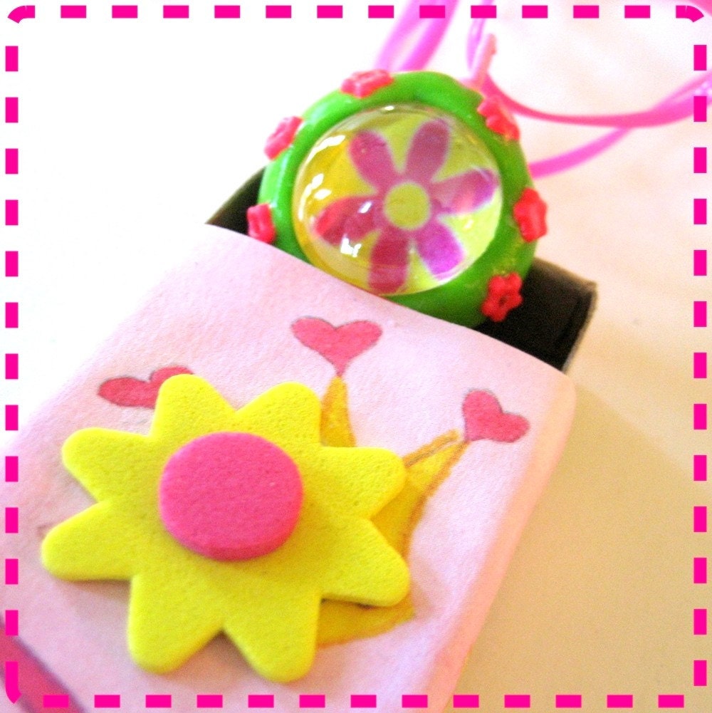 Easter  Basket Matchbox Goodie - With a Surprise Hot Pink and Lime Green Flower  Power Bauble Necklace Tucked Inside - Eco Fabulous