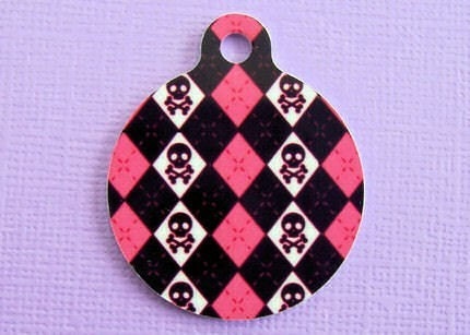 Pink Skull and Argyle Metal Custom Pet ID Tag