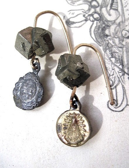 Wrath of Heaven. Pyrite and Gold Religious Medal Earrings.