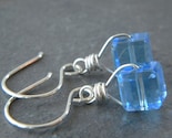 SALE - Crystal Cornflower Blue Faceted Glass Cube Black Oxidized Earrings