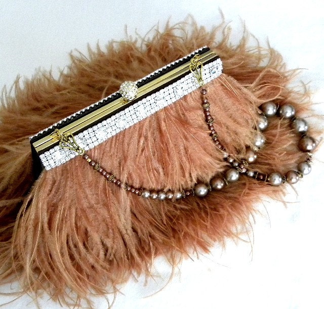 Grace Couture - Brown Ostrich Feather Purse with Swarovski Crystal Trim -ONE OF A KIND