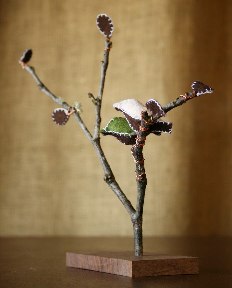 Cake Topper - Tree with Felt Leaves and Birds in Brown, Green and Off-White on Black Walnut Base