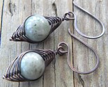 Oxidized Copper Herringbone Weave - Sage Green Jade Earrings
