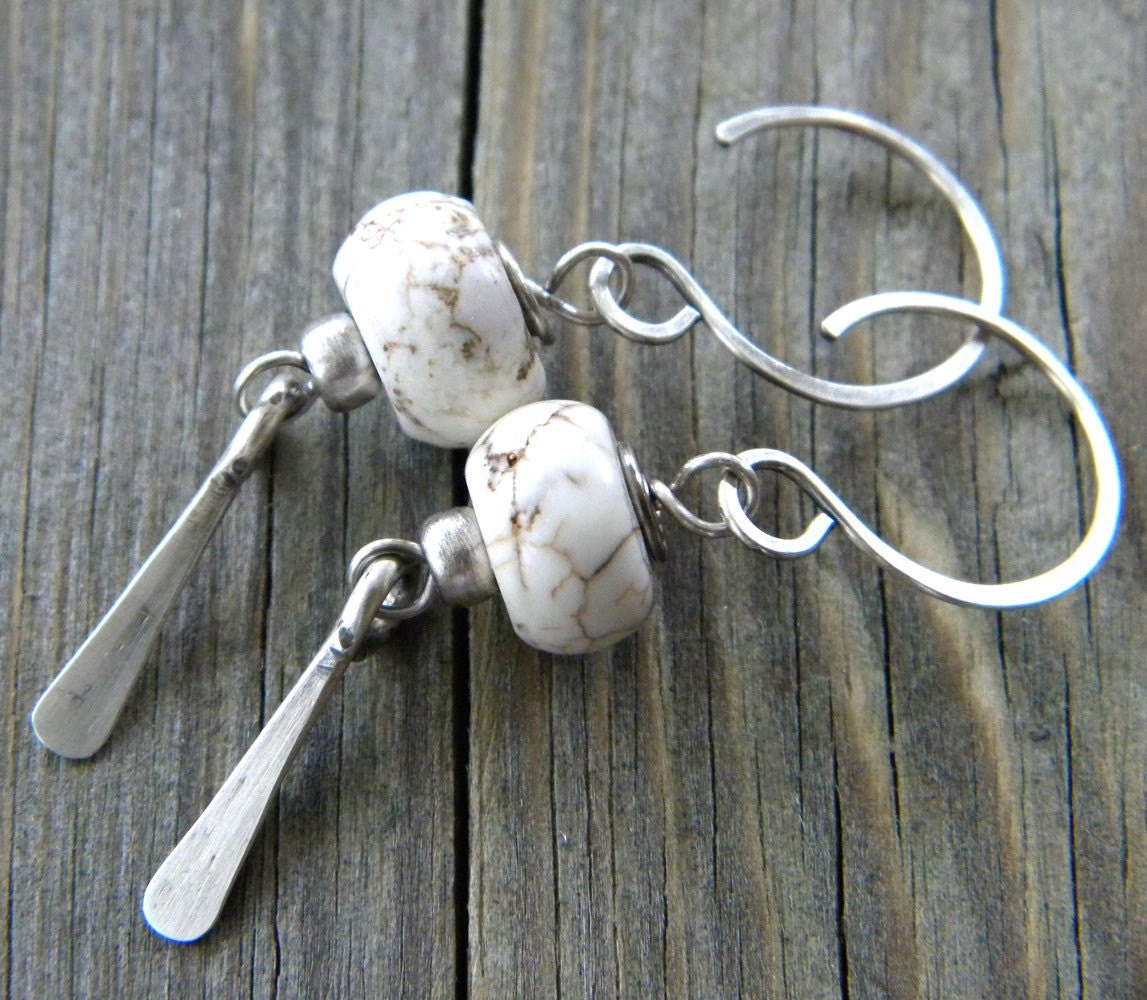 Natural White Turquoise Gemstone Rondelles -  Antiqued Sterling Silver Paddle Earrings