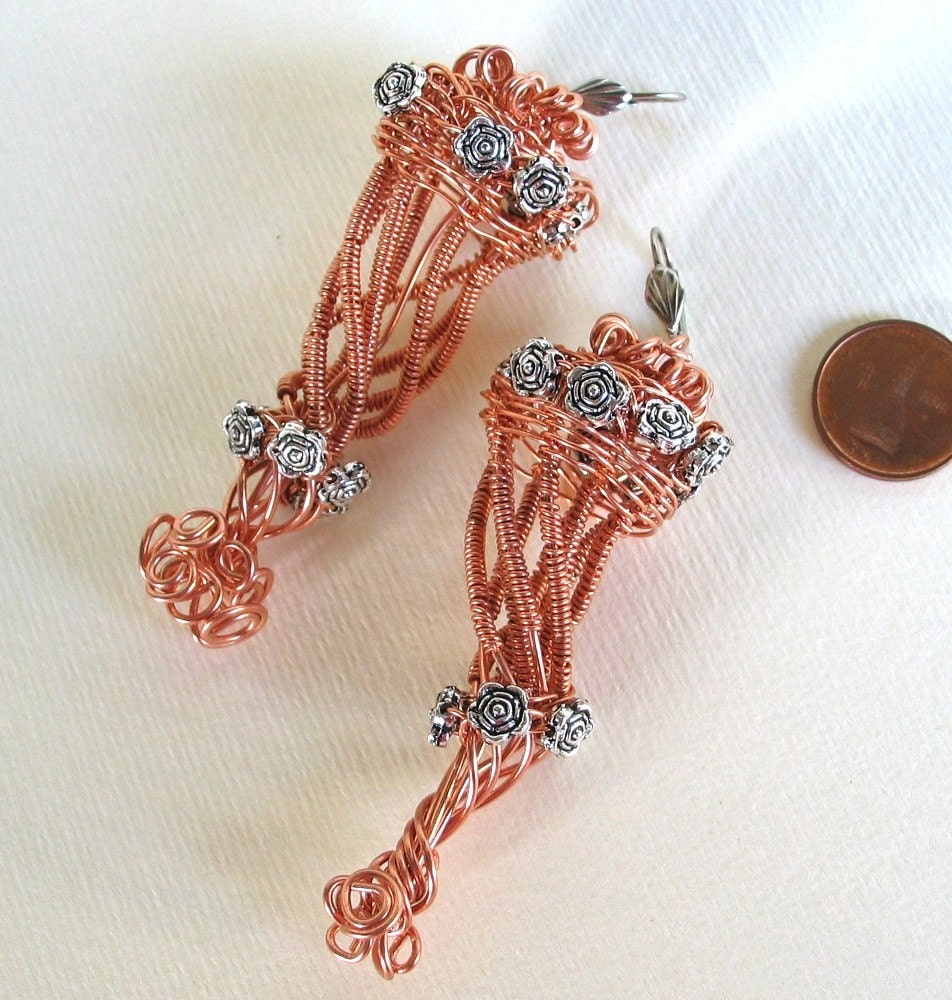 Copper wire wrapped and  silver  roses charms Earrings-Cornucopia