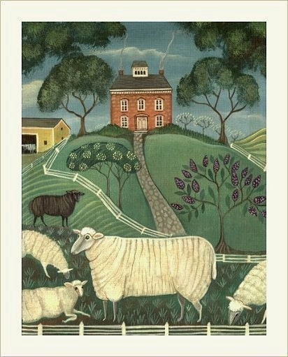 COUNTRY SHEEP FARM Signed Folk Art Print LAMB ART Wendy Presseisen