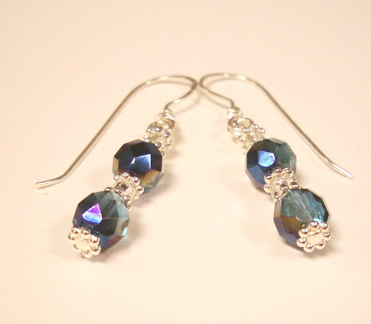 Sterling Silver, Blue Fire polished Czech beaded hook earrings