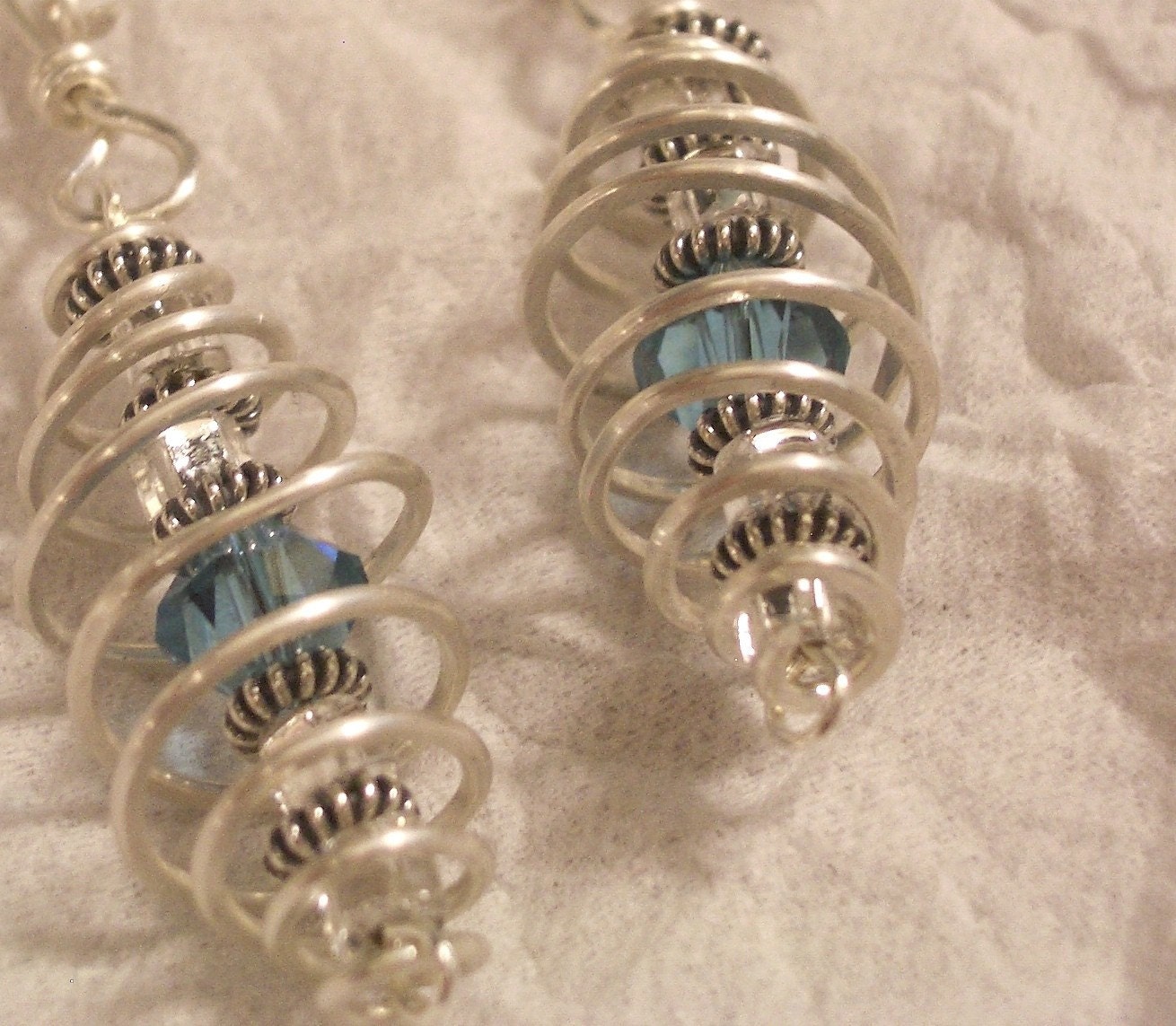 Aqua Swarovski Crystal in Sterling Silver Spiral cage - Hook earrings - Free Shipping