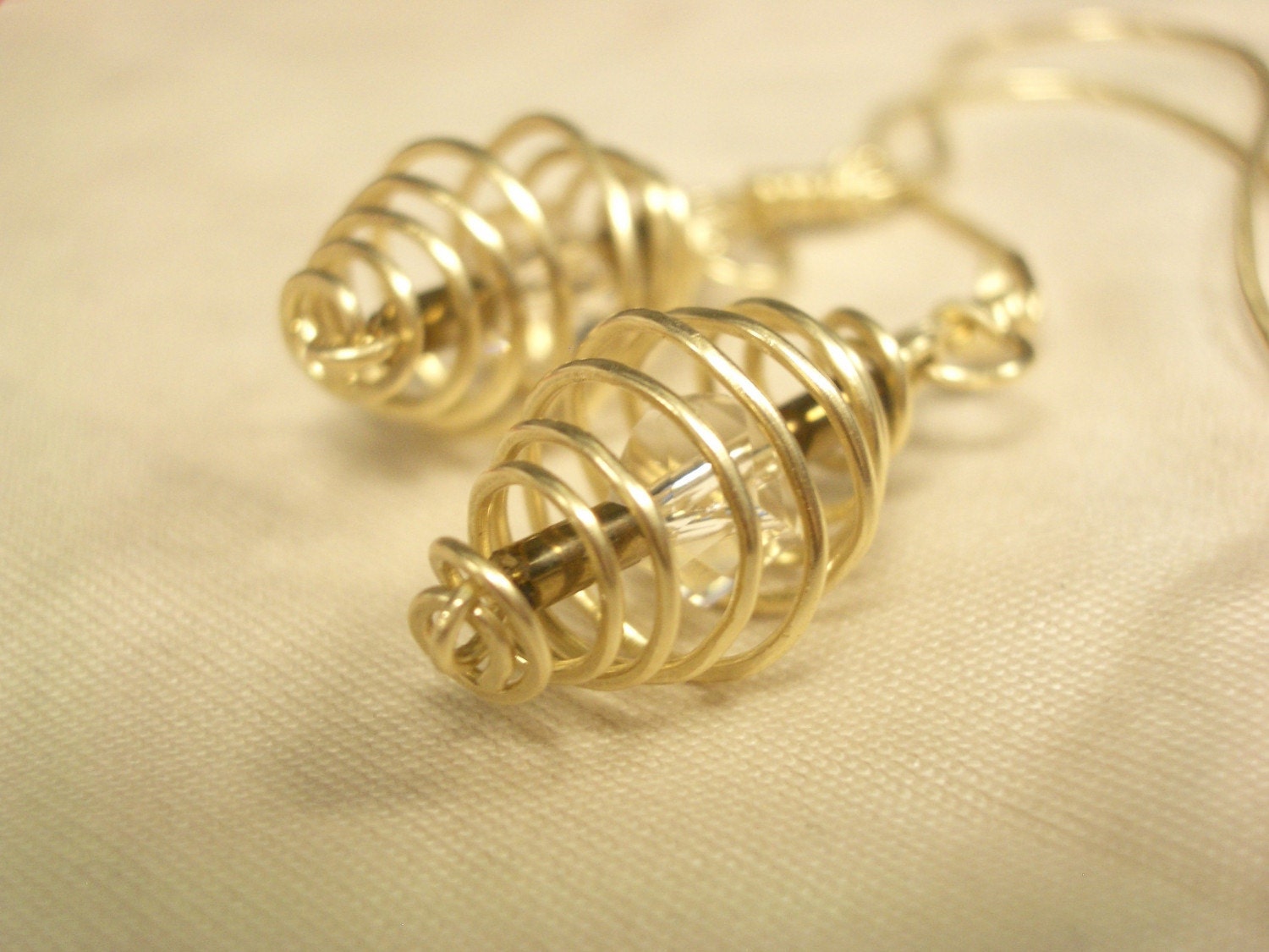 Gold Spiral Cage Earrings with Swarovski Crystal  -  FREE Shipping
