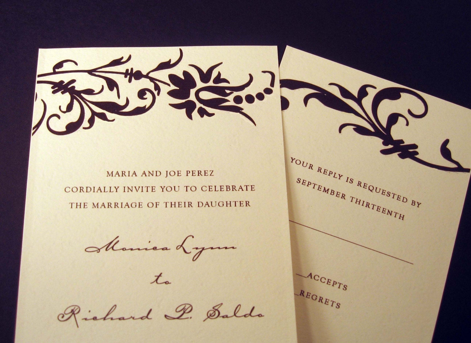 Antique Florals in Black Custom  Wedding Invitation Sample Set