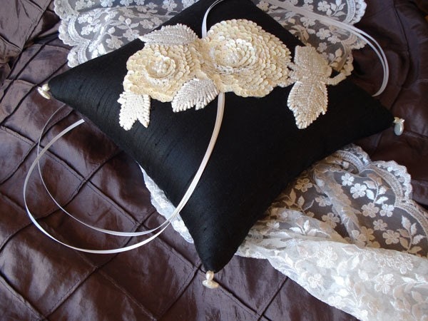 Black Silk with Cream, Ivory and White Beaded Accents Ring Bearer Pillow