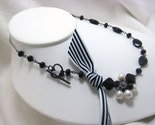 Black White Stripe Ribbon Black Onyx Oxidized Wire Wrapped Fashion Necklace  OOAK NF082