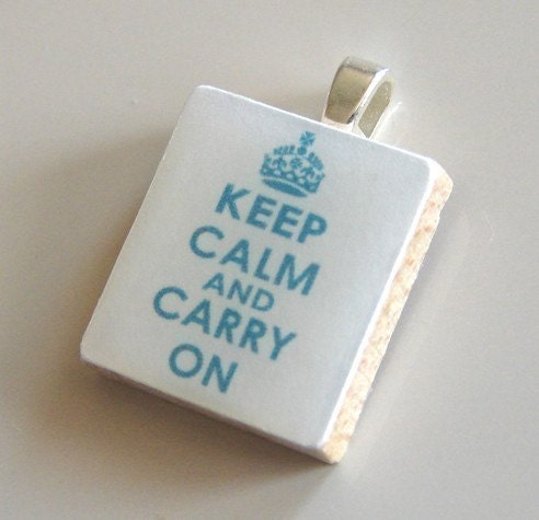 Scrabble Tile Pendant - KEEP CALM AND CARRY ON (Aqua on White) - Buy 2 Pendants Get 1 FREE