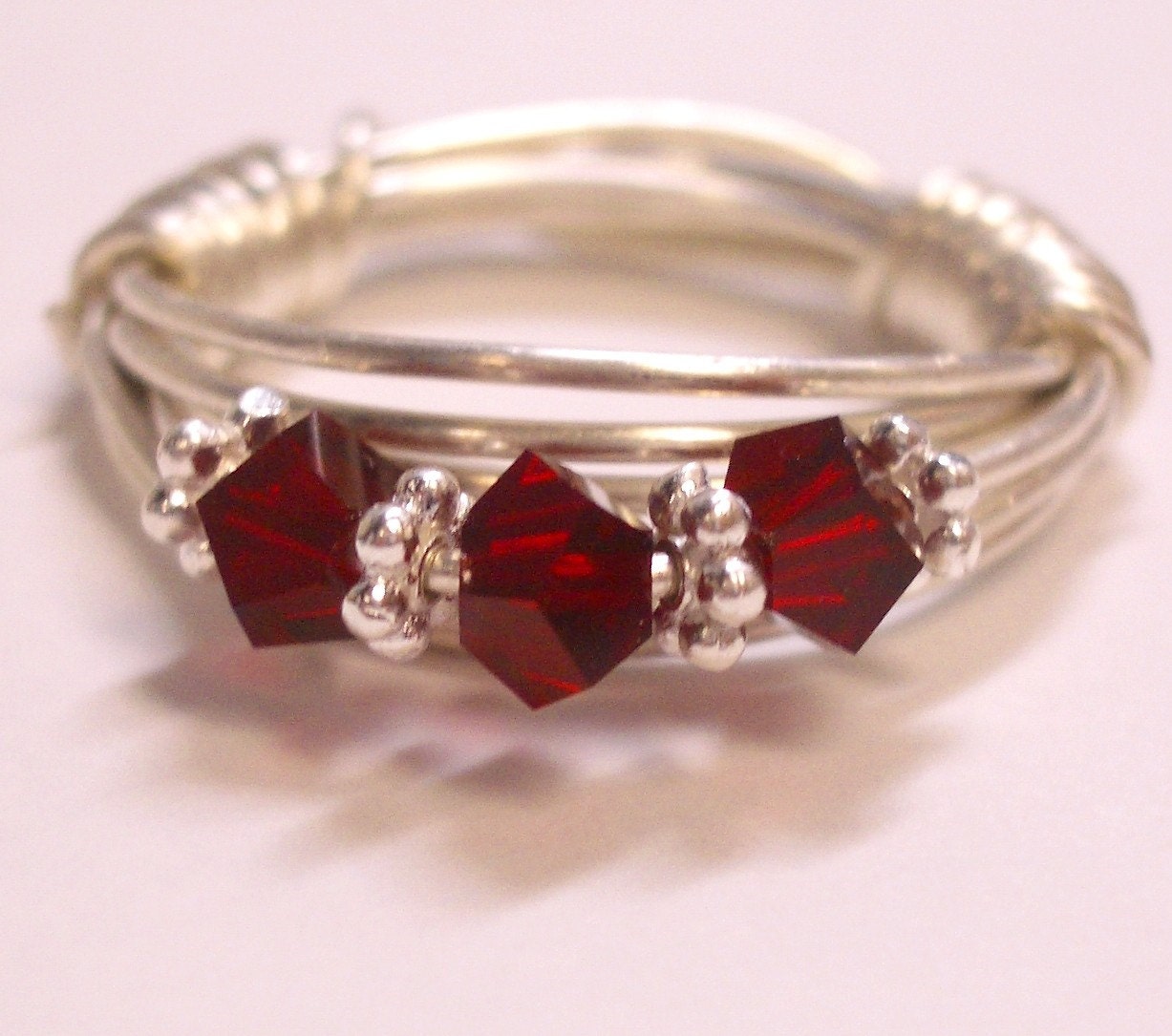 Red Siam Swarovski Crystal wire wrapped sterling silver ring