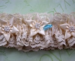 Vintage Ivory Lace Garter with Flowers and Pearls and My Signature  Something Blue Petal
